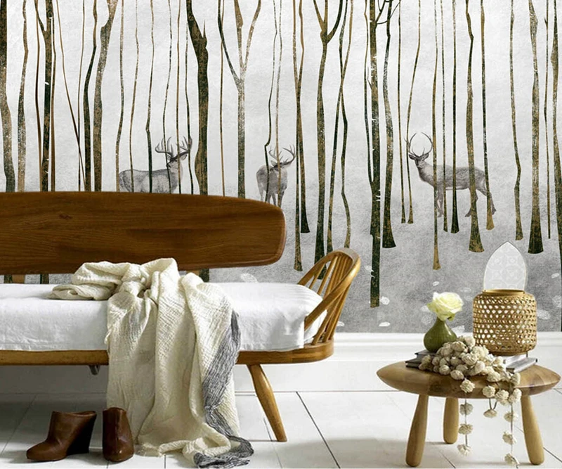 Običaj 3d pozadina. Klasicni minimalistički pozadina obojene los šumskog drveća freska, dnevni boravak TV mekani zid dječje sobe papel de parede