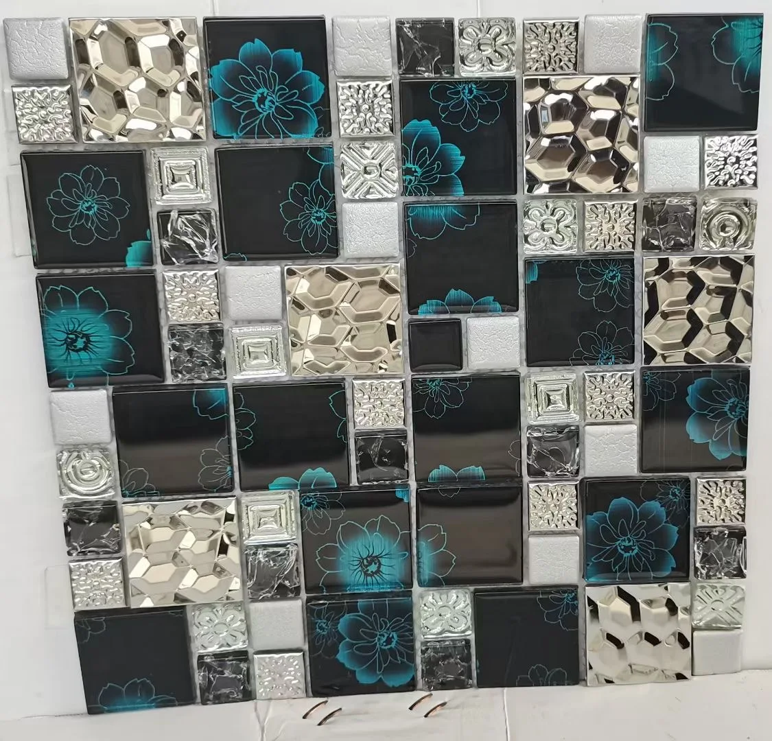 3D Obojene Plavi Cvijet Crno Staklo Mix Srebro Nehrđajućeg Čelika Metalne Mozaik Kuhinjski Ploča Zidne Pločice Za Kupaonicu YUEXIN27