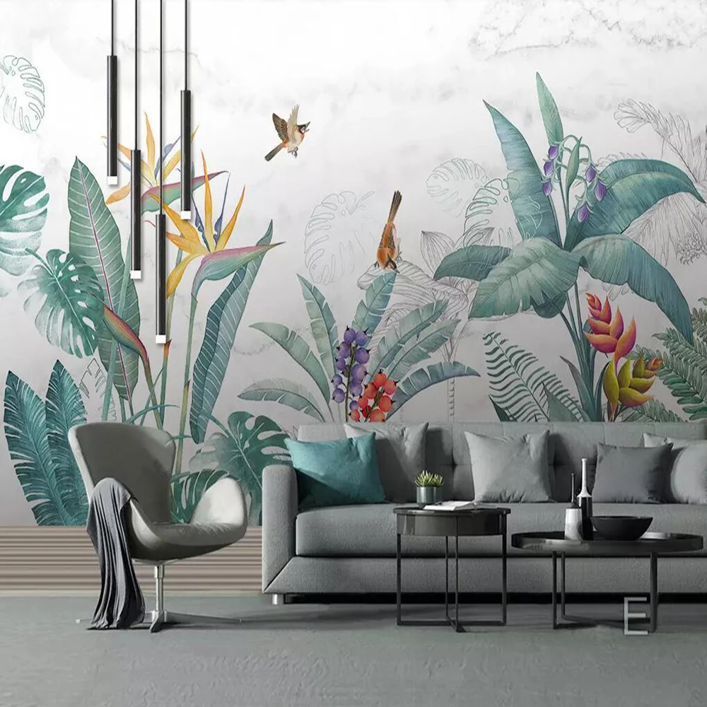Milofi custom foto tapete 3D uvučene tropske biljke cvijeće i ptice pozadinske freske dekorativne zidne tapete