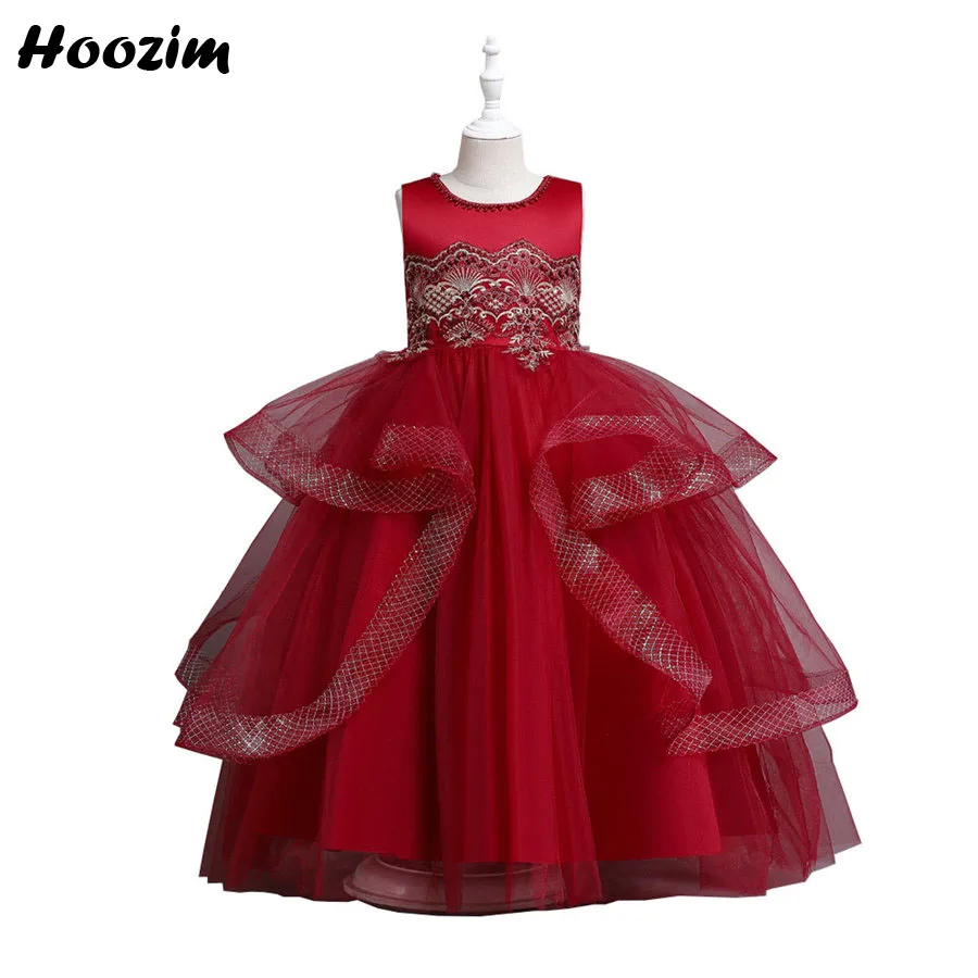 Luksuzno crvenu haljinu od tila sa volanima za posebne prigode i prikazivanje na postolju za djevojčice od 6 do 15 godina s vezom i cvjetnim uzorkom za prom i vjenčanje magnitude haljine za mlade