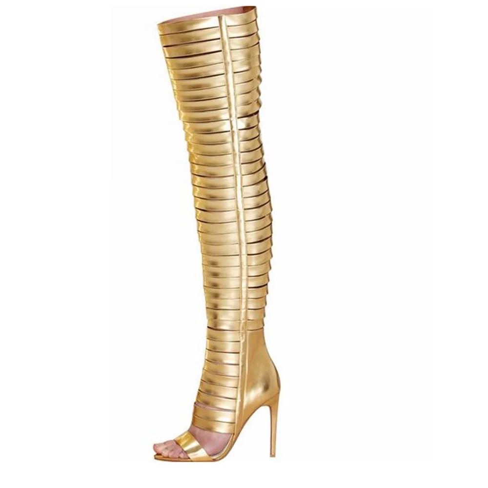 STVARNA FOTOGRAFIJA, ukusan ženske čizme iznad koljena na tankim visokim potpeticama dužine 11 cm u rimskom stilu, zlatnožute boje s obrubom i otvorenim vrhom,...
