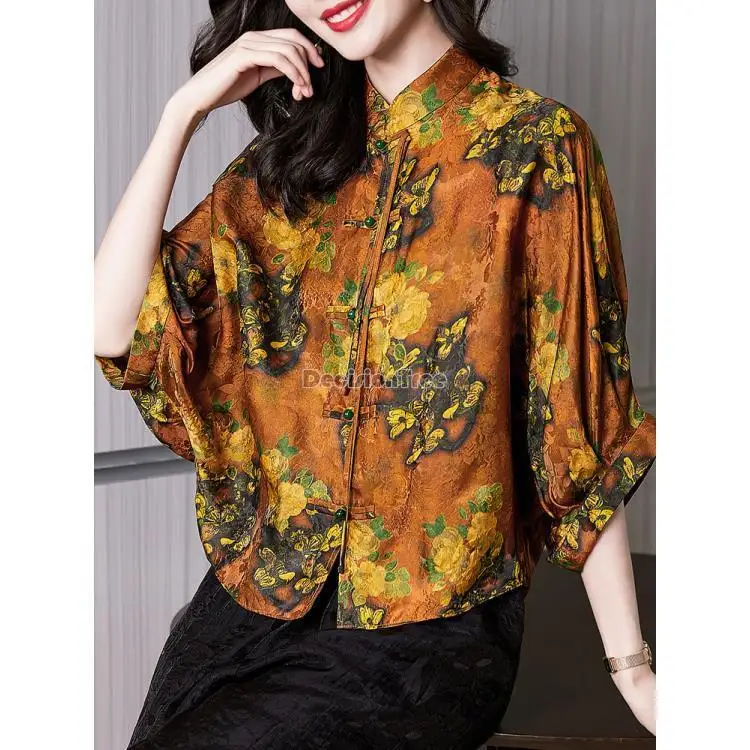 2023, ženska bluza sa rol-bar u kineskom retro stilu i cvjetnim ispis, pola rukava, moderan dizajn casual, gumbi qipao cheongsam, g499