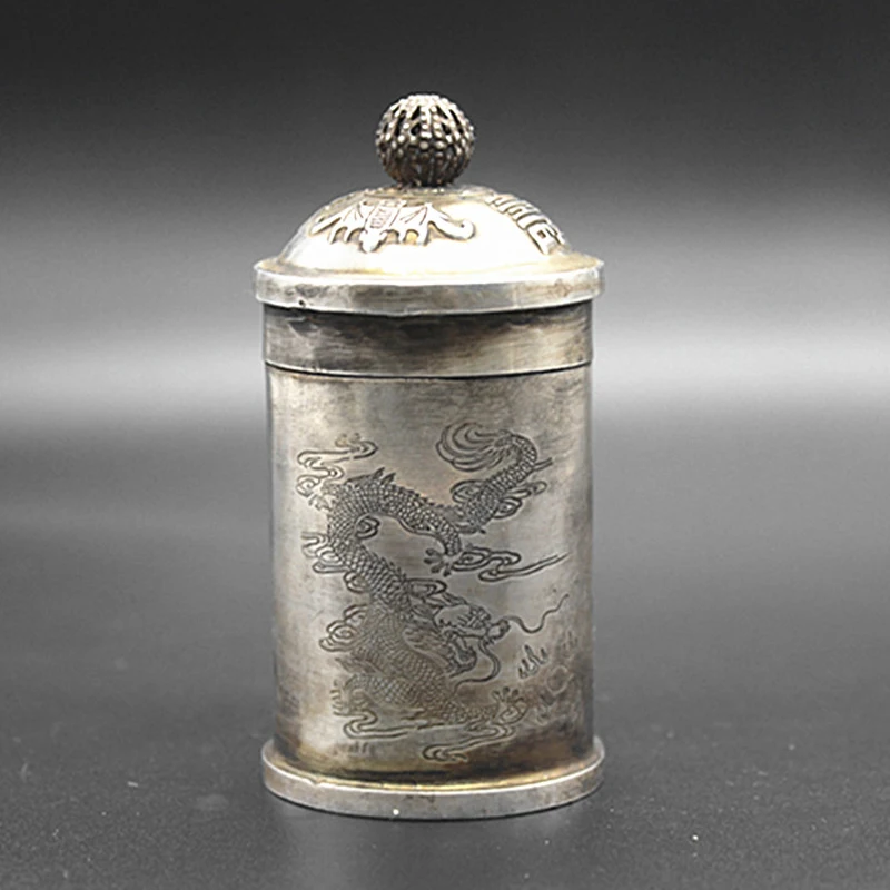 Kineska klasična zbirka, ukras za dom, stilskog tibetanski srebrna kutija za duhan s zmaja i фениксом, kutija za pohranu kalodont, Fushou