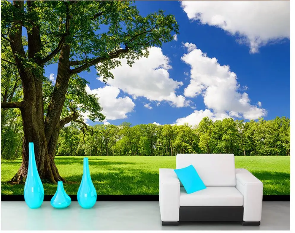 običaj 3d pozadine Drvo plavo nebo i bijeli oblaci trava TV pozadina fotografija zid 3d desktop Ukras Kuće