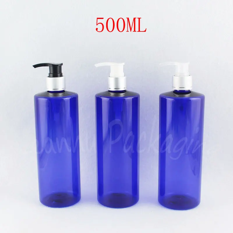500 ml Plava plastična boca s ravnim krakom sa srebrnim pumpom za Losion, 500 ccm Šampon / Losion, prazan Kozmetički kontejner