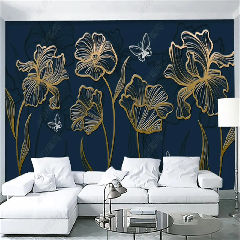 Moderne Svijetle Luksuzne Tapete za Dnevni boravak Gold Line Cvijet TV Pozadina Desktop Home Dekor Freska Papel De Parede 3D