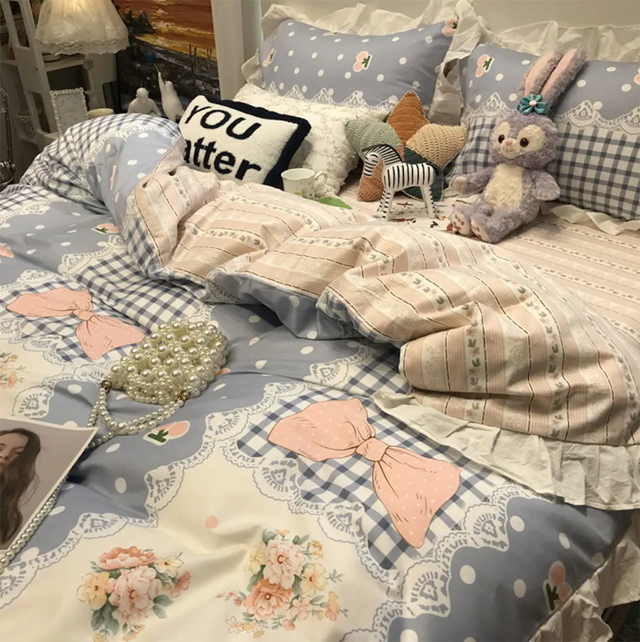 Starinski francuski cvjetni set posteljine, jednokrevetna dvokrevetna slatka plava pamuk twin cijeli kraljica domaće tekstilne krevetu jastučnicu deka