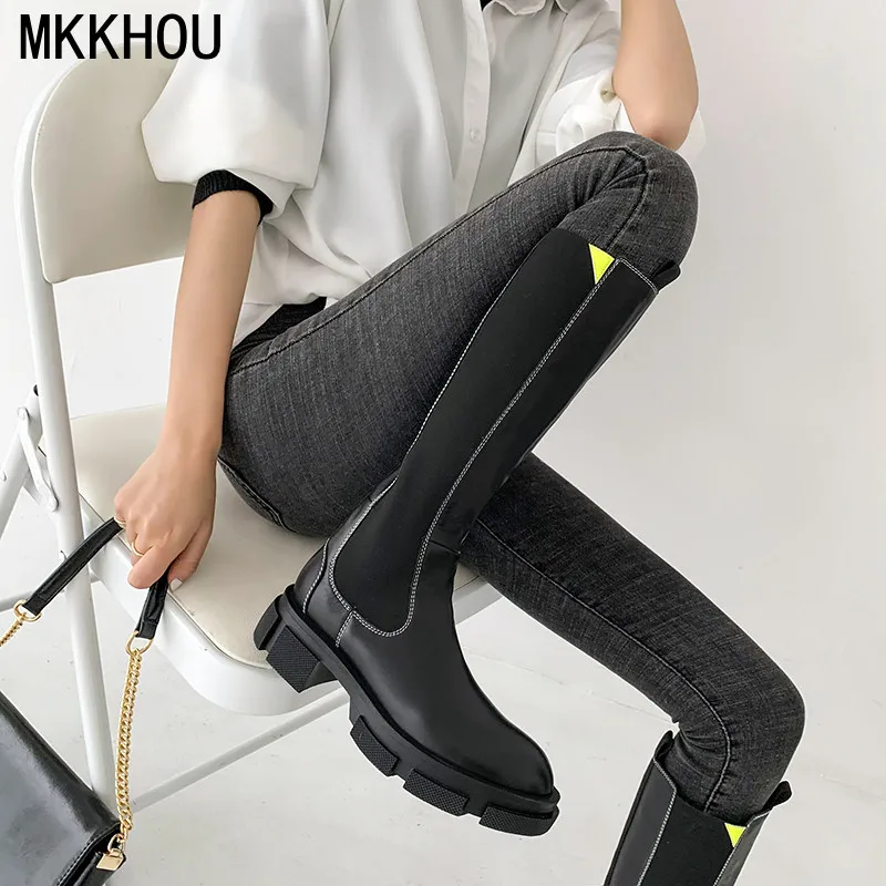 MKKHOU/trendy čizme do koljena; žensko nove zimske udobne cipele s debelim potplatima od prave kože s okruglim vrhom; rastezljiva cipele 