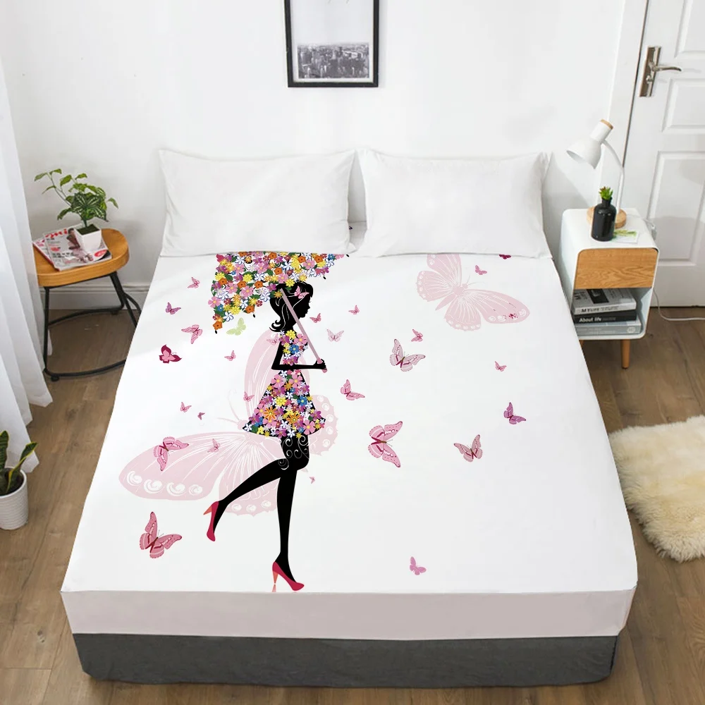 1 KOM., Soft krevetu s 3D Ispis, Crtani Flower Fairy, s elastična traka, monotono Krevetu, Podna-otporna na habanje Krevetu Od bora