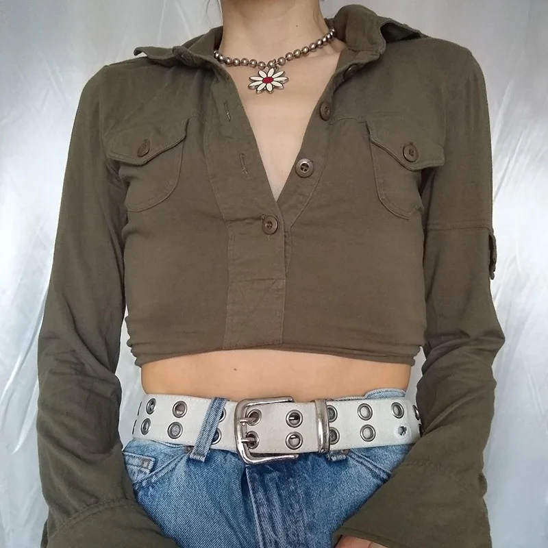 2000-e Estetske skraćeni majice u retro stilu za žene Y2K Harajuku s džepovima, Majice na zakopčane, Vanjska odjeća, Tanke Majice s odbačenost ovratnik