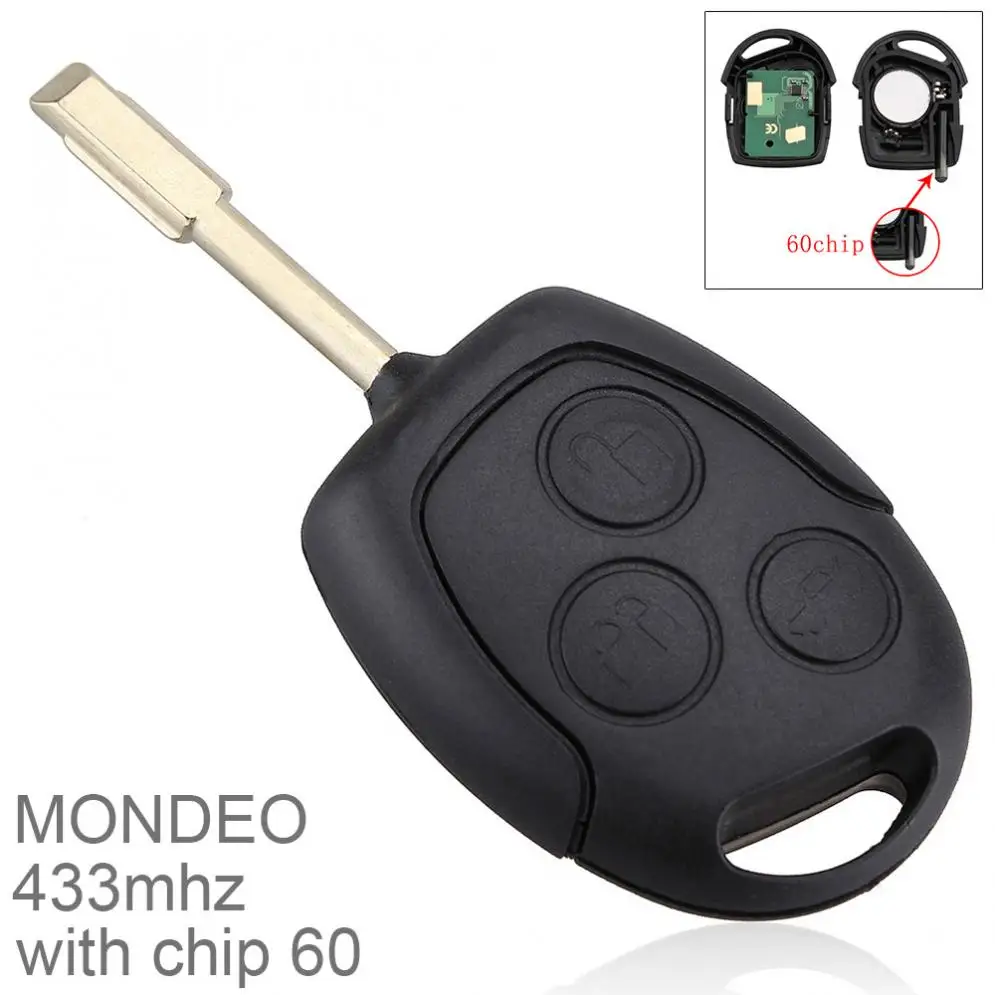 433 Hz/315 Hz 3 Tipke Crna Zamjena za Daljinsko auto privjesak za ključeve Odašiljač Kliker Alarm sa Čipom 60 za Ford MONDEO, Fiesta Focus