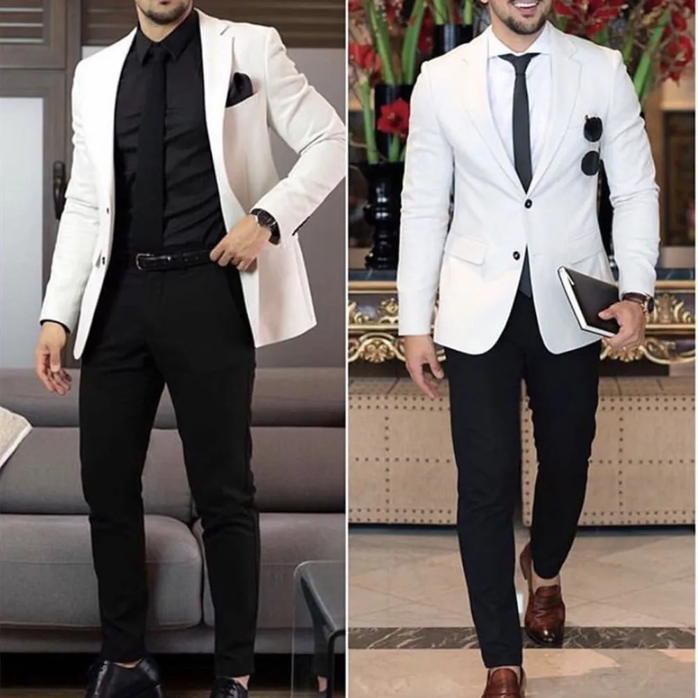 2022 Novi Šivana po mjeri Bijela Muško Odijelo s crnim hlačama, Odijelo-dvojka, Tanke Poslovne Svakodnevne Muška Odijela (Jakna + Hlače)