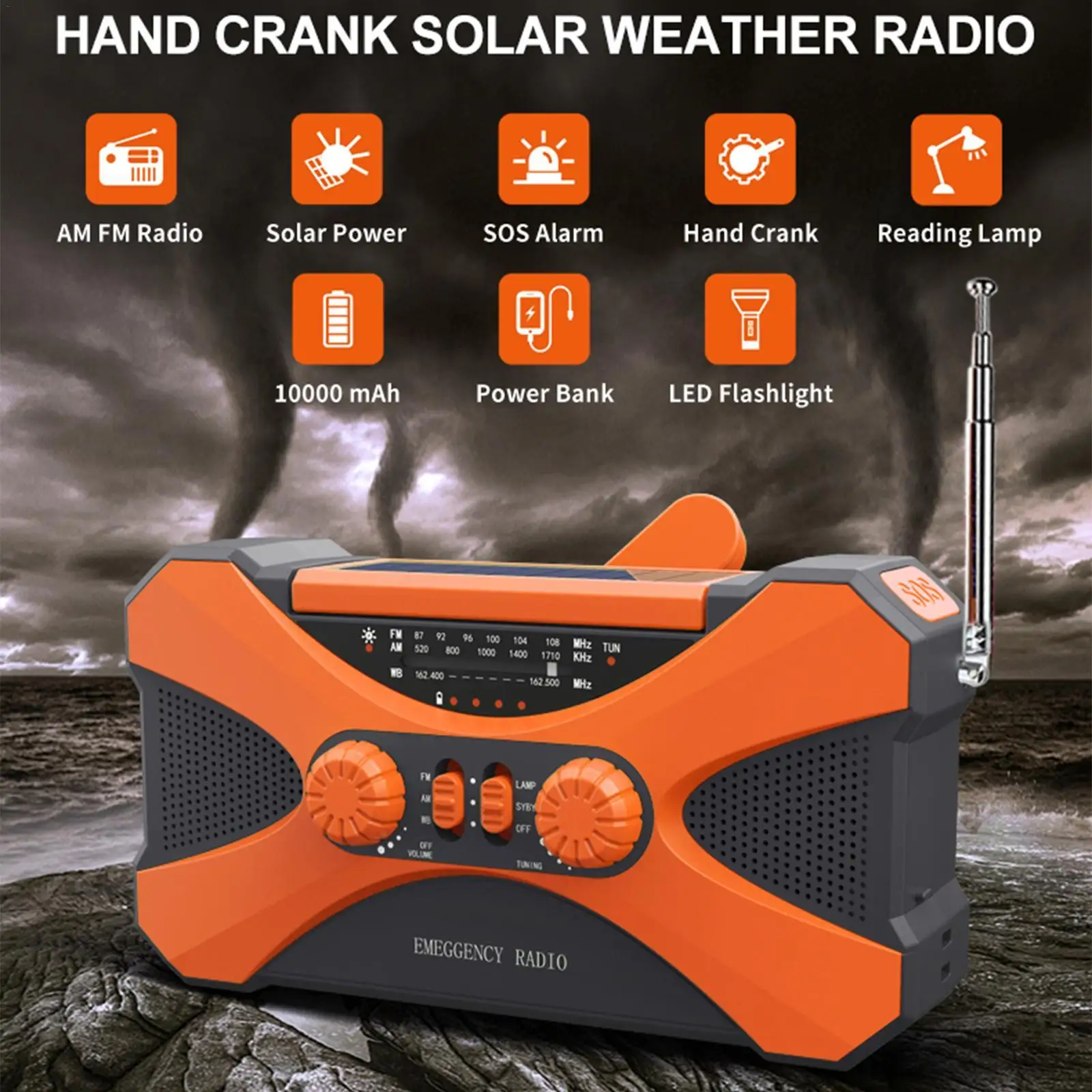 Prijenosni radio s ručicom AM/FM/NOAA Panik Lampa za čitanje 3 1 Svjetiljku Solarno Punjenje 10000 mah Power Bank Podrška SOS
