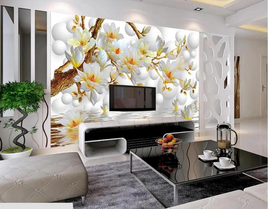 Običaj 3D kružni pozadina, elegantne desktop cvijet magnolije, kauč za dnevni boravak, zidni tv, tapete za spavaće sobe