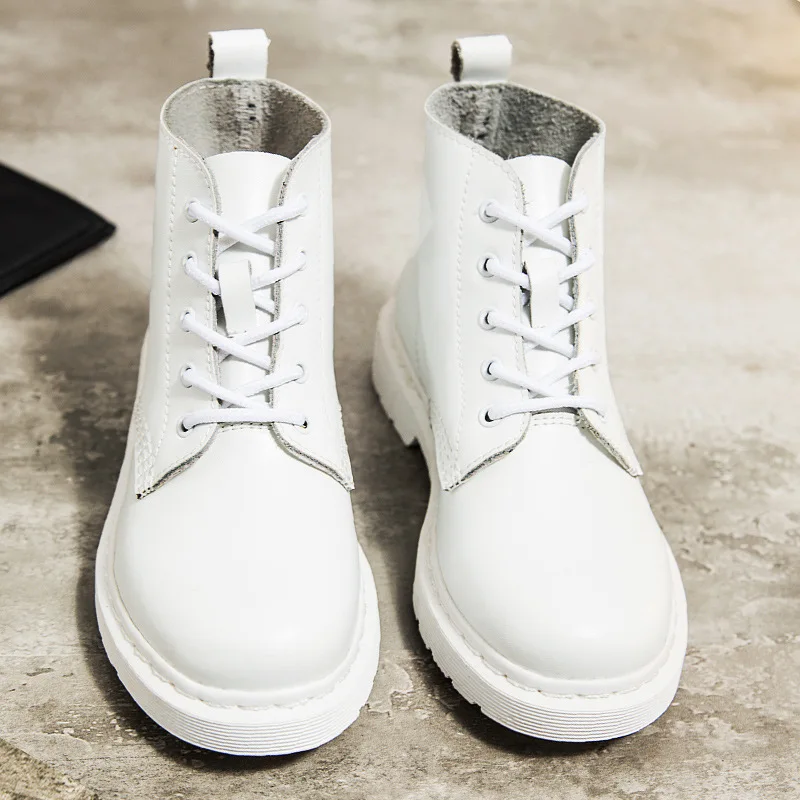 Nove Bijele Ženske cipele Veličine; Sezona Jesen-zima; Modni Svakodnevne Cipele Martin od prave Kože na Platformi s okruglim vrhom i čipkom ; Boots