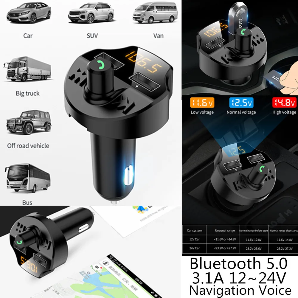 Bluetooth V5.0 FM odašiljač Napon LCD ZASLON 3.1 A Dvostruki USB Brz Telefon punjač Bežični FM modulator Auto MP3 player TF U disk