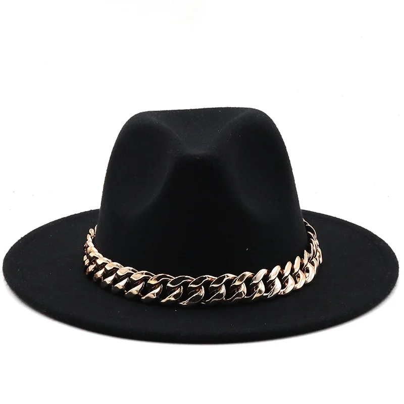šešir sa širokim ženskim polja, Debeli zlatni lanac, klasična crna bež filc šešir, panama, kaubojske jazz muške kape, luksuzna фетровая šešir, ženske kape
