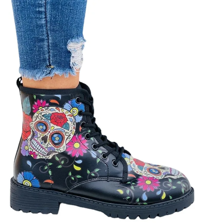 Jesenje ženske čizme s Digitalnim po cijeloj površini, visoke cipele s Uzorkom Lubanje, 2021, ženske Modne Radne cipele u britanskom stilu od umjetne kože