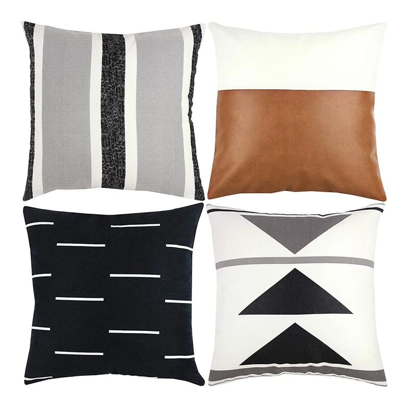 Ukrasne jastučnice samo za kauč, na kauču ili krevetu, Set od 4 18X18 cm Moderan dizajn kratke pliš crno bijeli geometrijski
