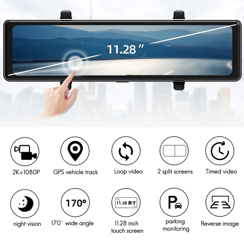 11,28-inčni Auto Dvr 2K sa zaslonom osjetljivim na dodir, Prednja Kamera, Slow-motion Video, GPS staza, Zapisničar, dva Objektiva, 1080P, Stražnja Kamera