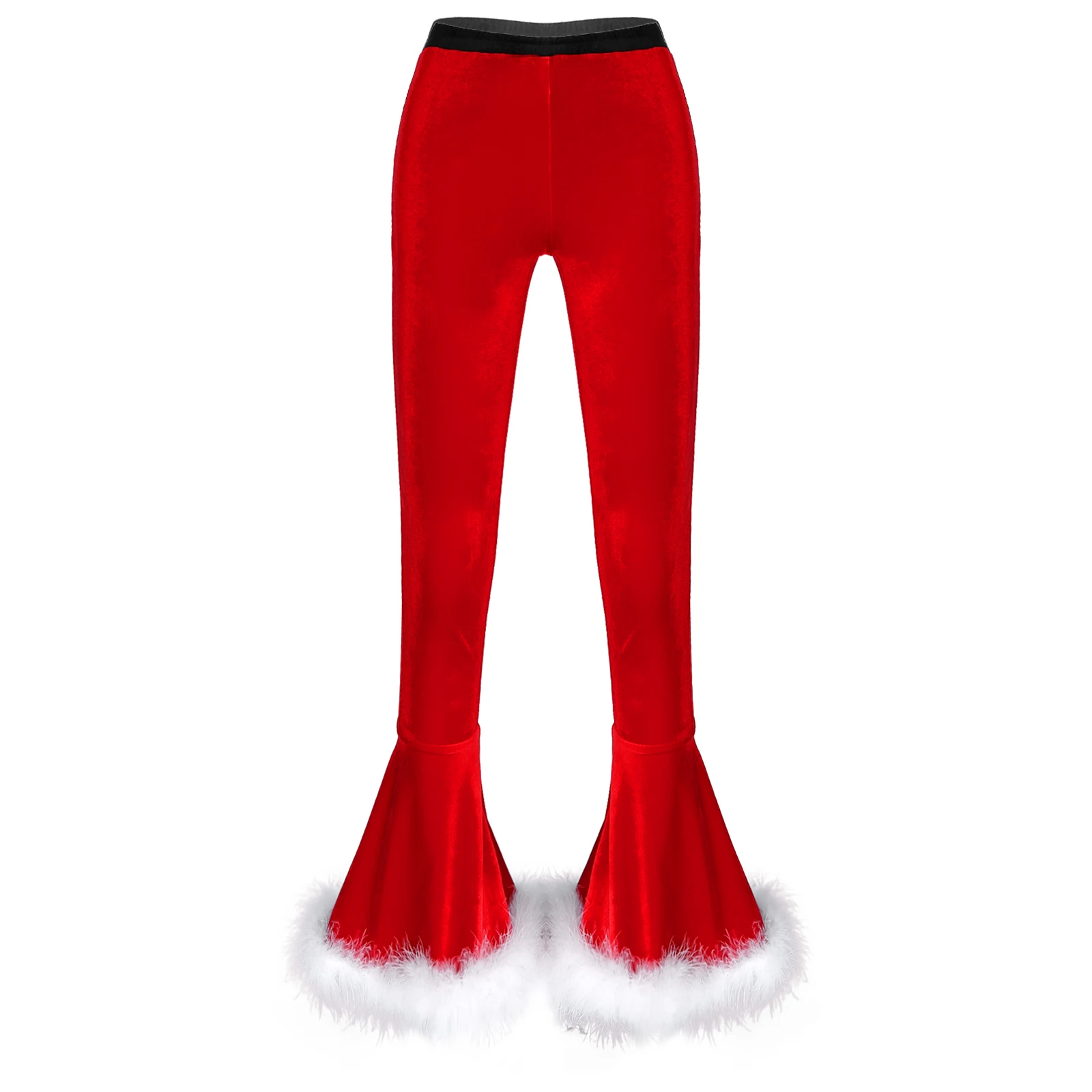 Božićne Kostime Crvene Ženske Spaljene Hlače S Visokim Strukom Spaljene Baršun Tople Hlače S Elastičnim Pojasom, Ukrašena Umjetnim Krznom Hlače