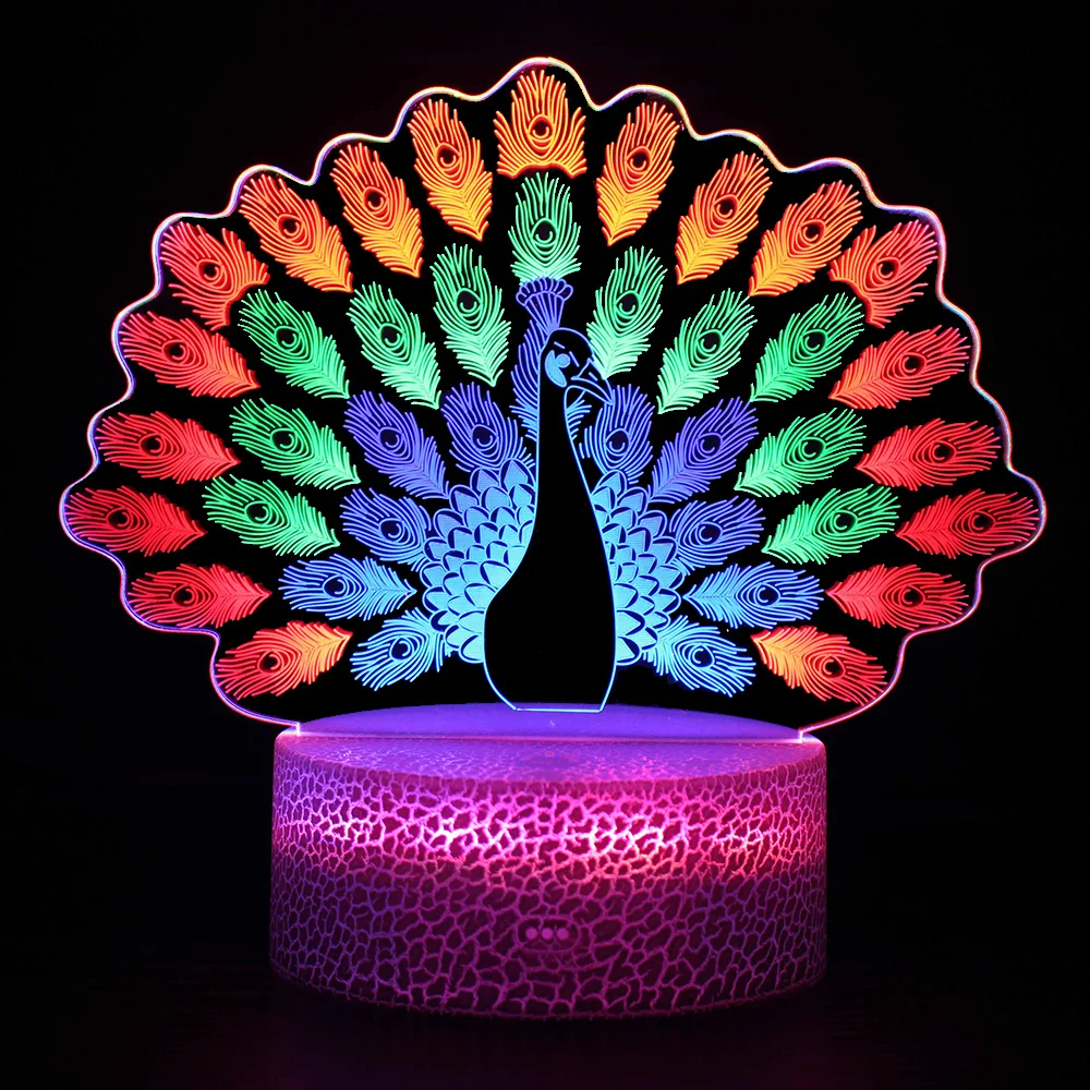 Novi Šarene Led 3D noćno svjetlo Paun Životinja USB zaslon Osjetljiv na 7 Boja Mijenja Stol Lampe za Home Dekor Božićni Poklon Izravna Dostava