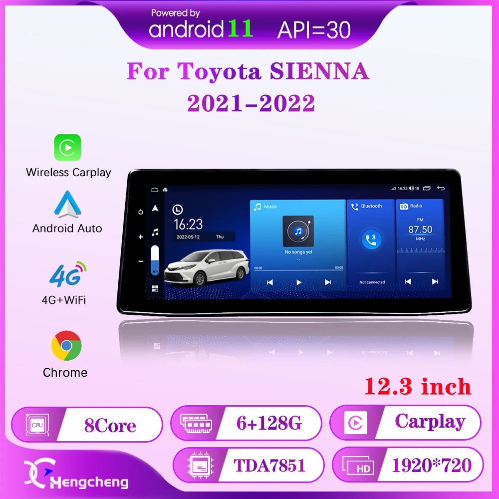 12,3 inča Za Toyota SIENNA 2021 2022 Inteligentni Auto Media Player, GPS Navigacija Radio Android 11 6 + 128 G Carplay 4G
