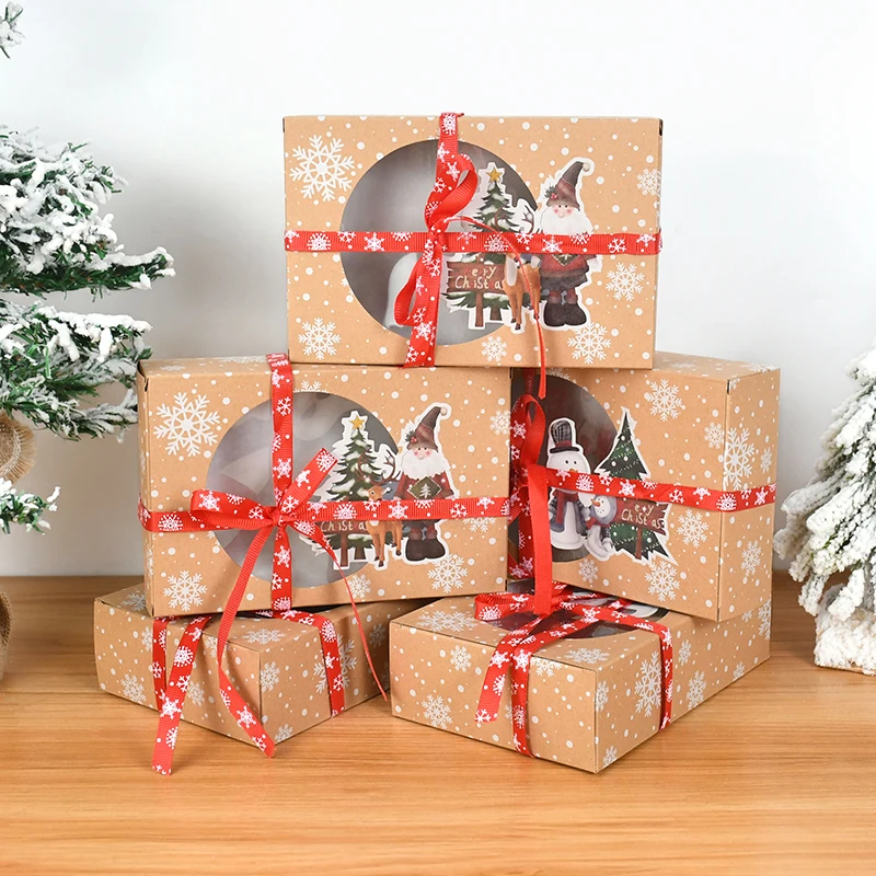 2 komada Božićna Kutija Za Keks od Kraft-Papir s Prozirnim Prozorom Santa Snjegović Pahuljica Tiskani Poklon Kutije za Pakiranje Navidad Božić Decor
