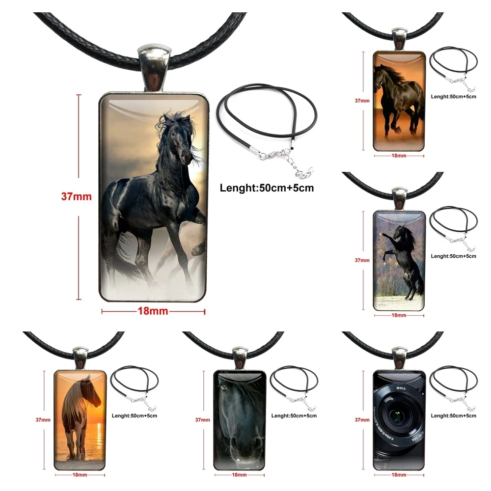 Popust Mlađi Crni Konj Životinja Moderan Dizajn Moda Vintage Staklo Za Žene Pravokutnik Lanca Ogrlice I Privjesci Za Cipele Djevojčice Prodaja Na Veliko