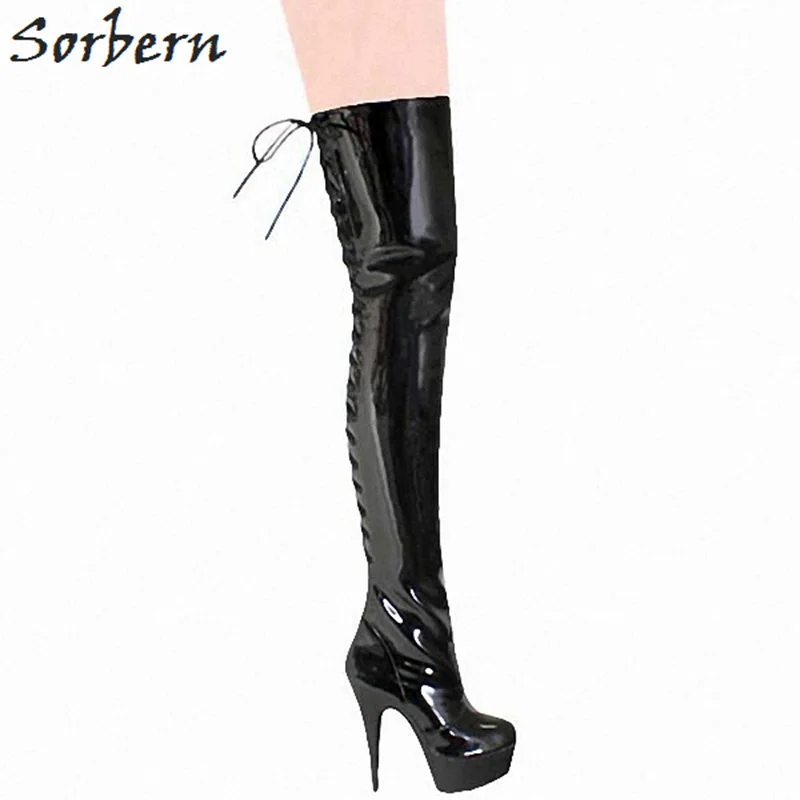 Sorbern/Sjajna cipele; Trendy ženske Čizme do kukova; boja je Roza; Jesenje cipele na Visoku Petu 15 cm/5 cm na platformi sa uvezivanje Straga na Red