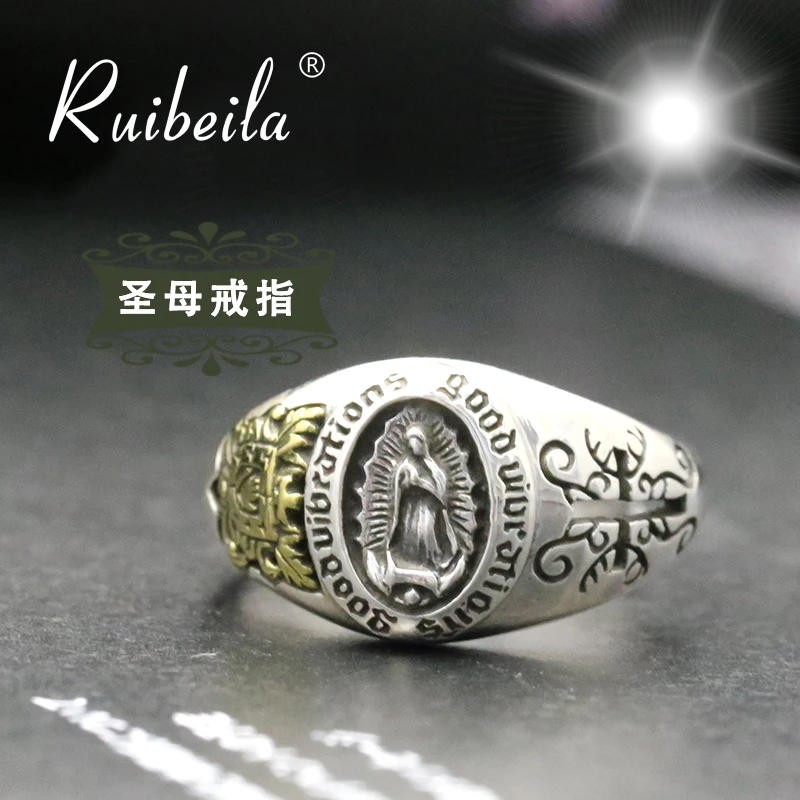 Ruibeila100% 925 sterling srebra Djevice Marije klasicni otvaranje podesive veličine Тайское Srebro mali prsten za muškarce i žene