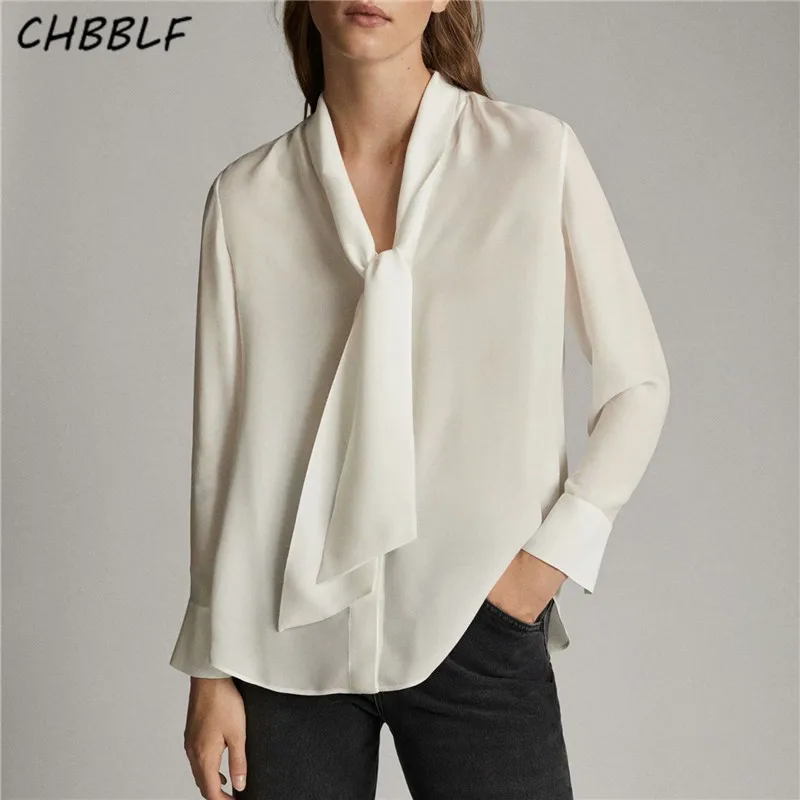 CHBBLF ženska moderan bluzu sa šal ovratnikom i kravatom, prozirne čvrste košulje dugih rukava, ured za odjeću, lijepe bijele crne majice, blusa HJH9062
