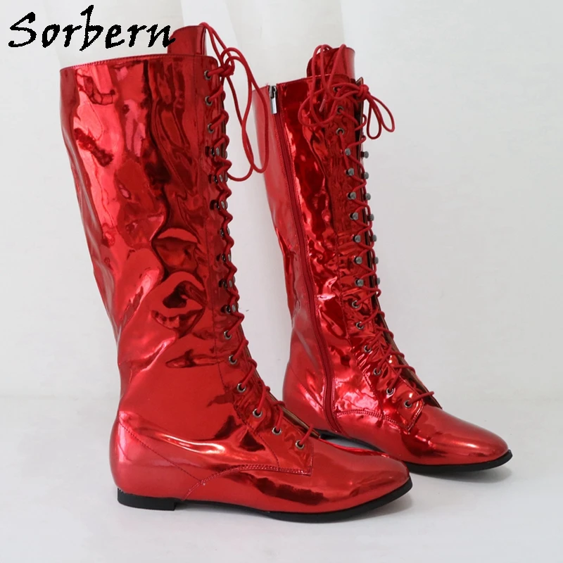 Sorbern/Crvene Čizme boja Metalik punk, Unisex, Ravnim Cipelama, Velike Dimenzije, čipka-up, Čizme do Koljena, Fetiš, Cipele čipka-up, Boja po Mjeri