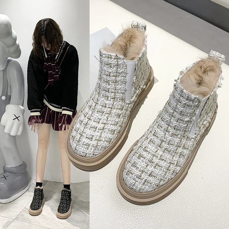 Svakodnevne Trendy Zimske čizme; Ženske Cipele s fleksibilnim gumicu i okruglim vrhom; Zima Topla pliš cipele s debelim potplatima; Niske (1 cm-3 cm); Visoka kvaliteta