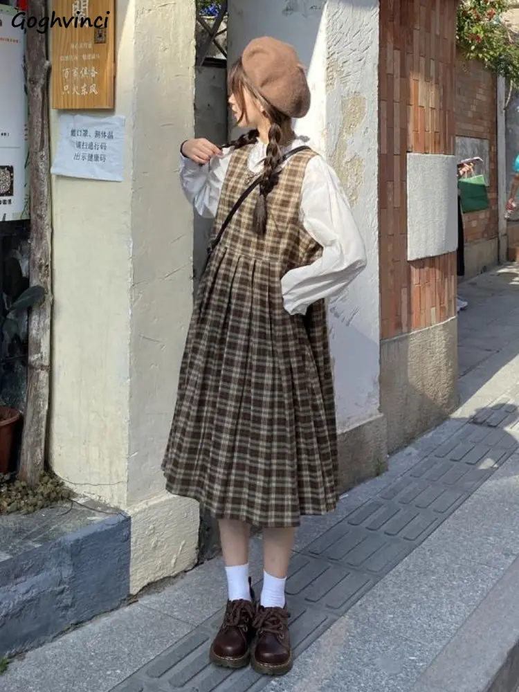 Setovi Za Njegu Kože Za Žene Pokrivač Japanski Vintage Haljinu Bez Rukava Novi Koledž Trapeznog Oblika Do Sredine Kavijara Blagi Slatki Majica Za Dječake 2 komada Odjeće Mujer Klasicni