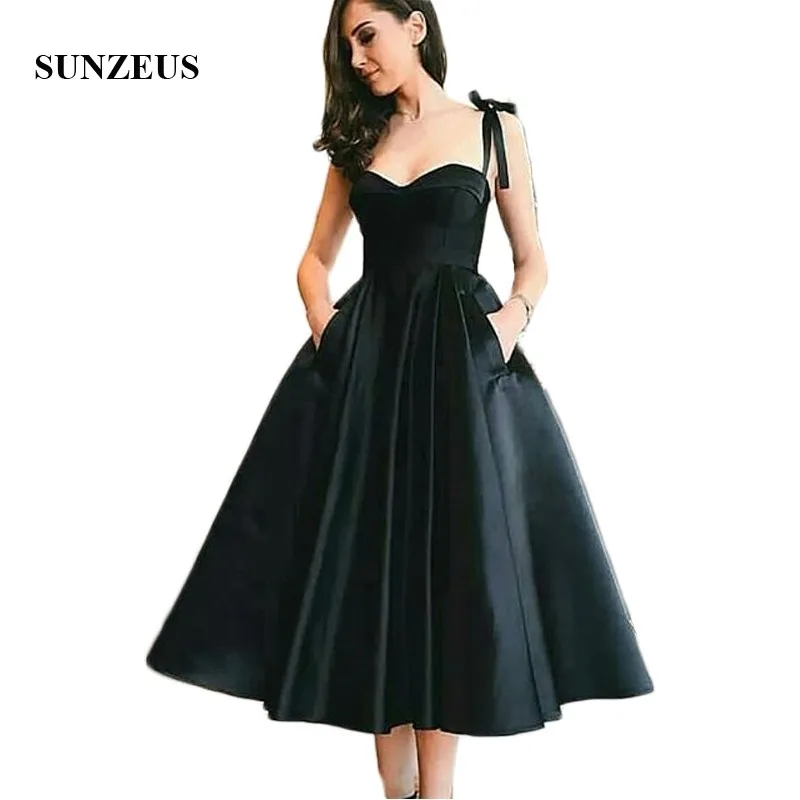 Black Satin Gradacija haljine za djevojčice Čajna dužini na tanke Trake, elegantne Večernje haljine s džepovima sukienka na bal SP08