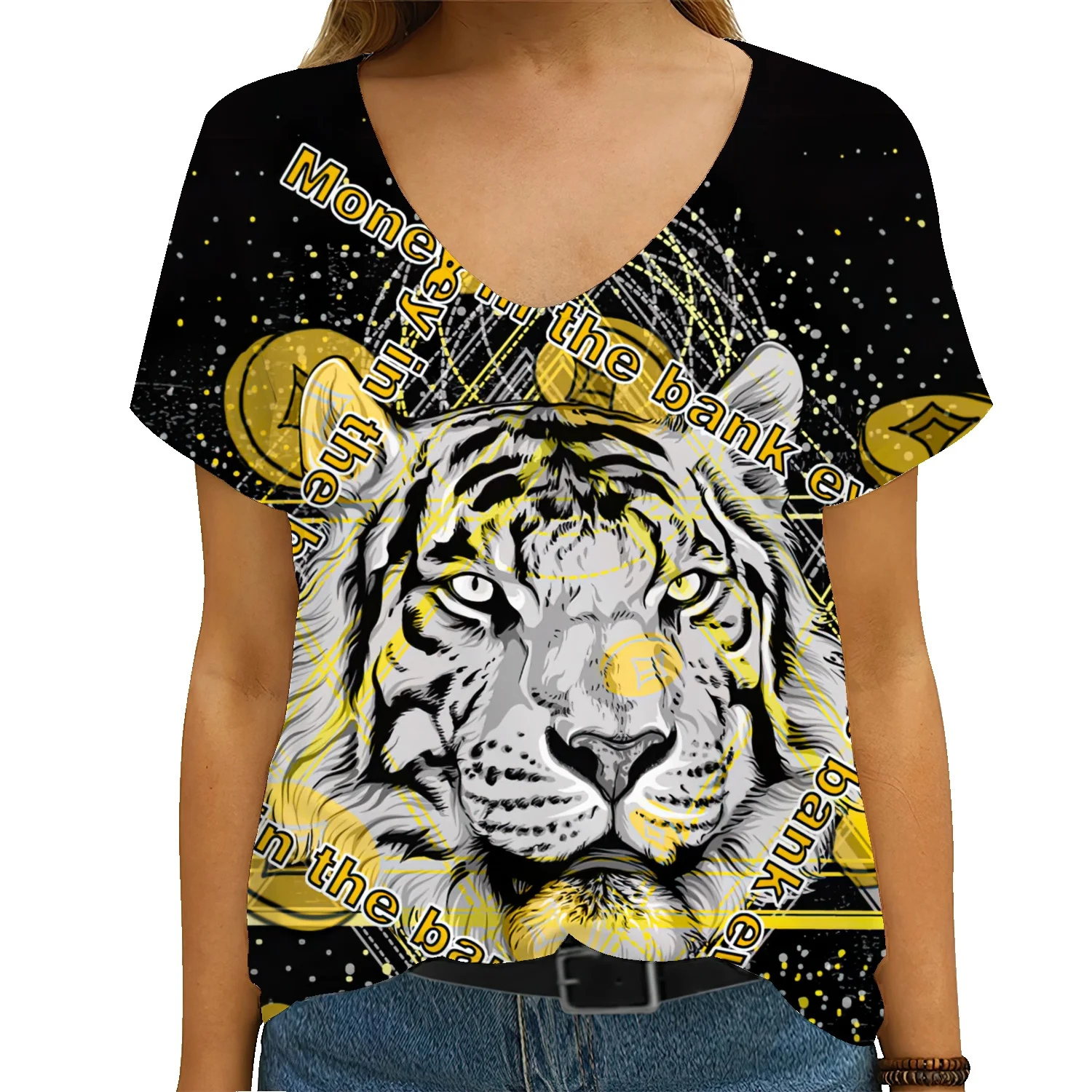 Ženska majica sa kratkim rukavima u obliku životinje s kratkim rukavima 2022, ulje na platnu, nadmen tiger print, casual top s okruglog izreza, slobodna vanjska odjeća