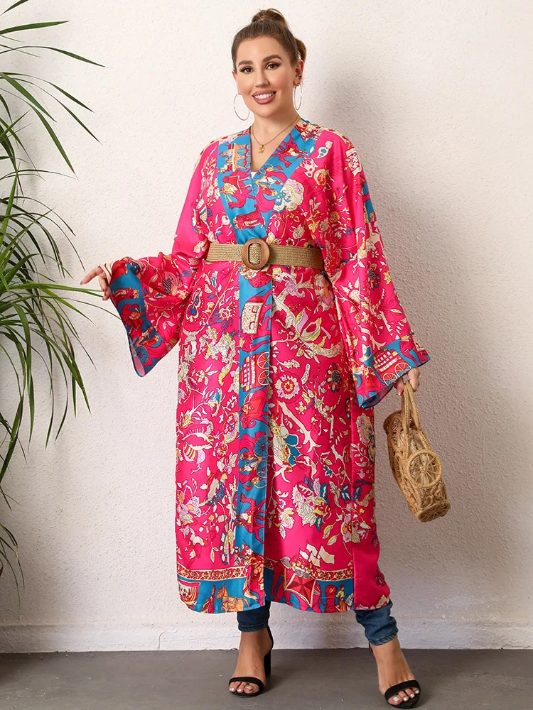Богемное Duga Haljina-kimono s po cijeloj površini, Plus Size Haljina s rukavima 