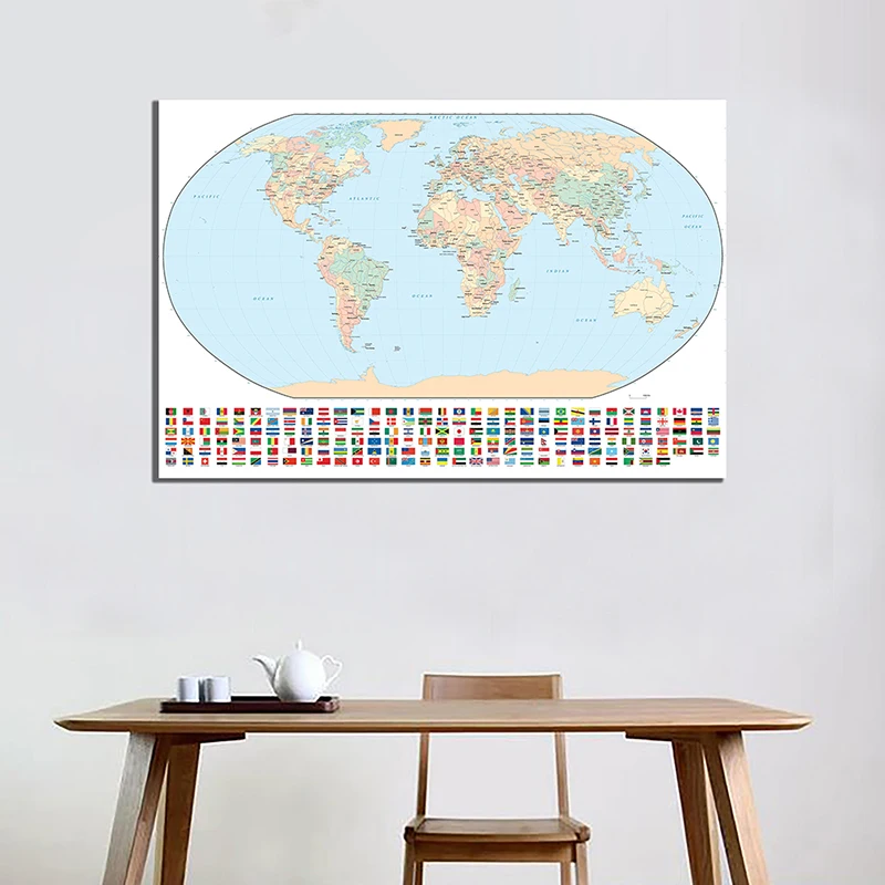 Obična Karta svijeta 150x100 cm Нетканая karta za inkjet ispis s nacionalnim zastavama za kulturu i obrazovanje
