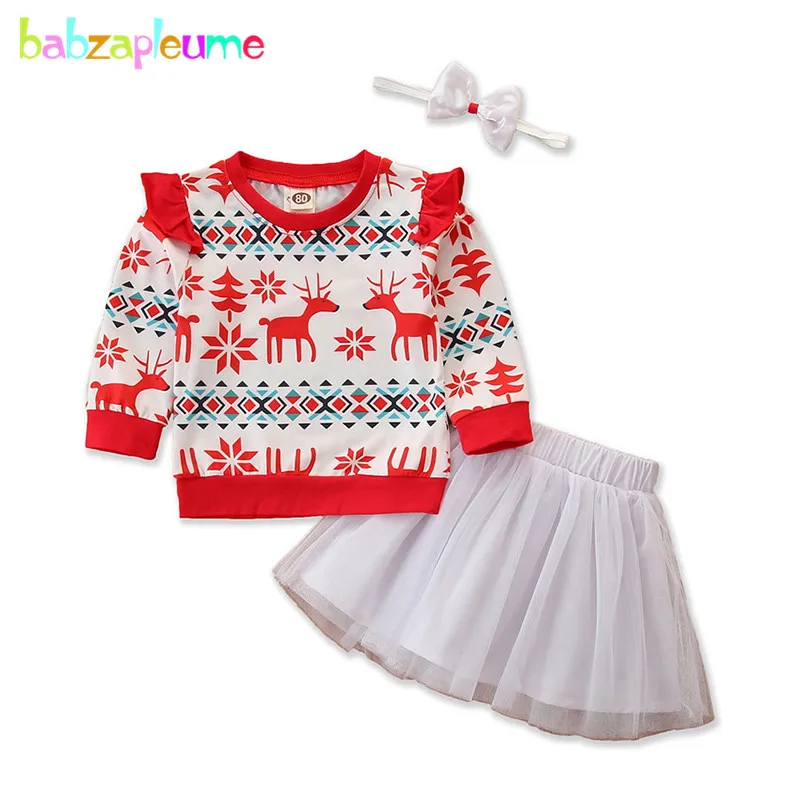 Komplet od 3 predmeta, Jesen Božićni Outfit za malu djecu, Komplet Odjeće za djevojčice, Majica sa dugim rukavima i crtani po cijeloj površini + cvjetne čipke suknja, Dječja Odjeća 1972