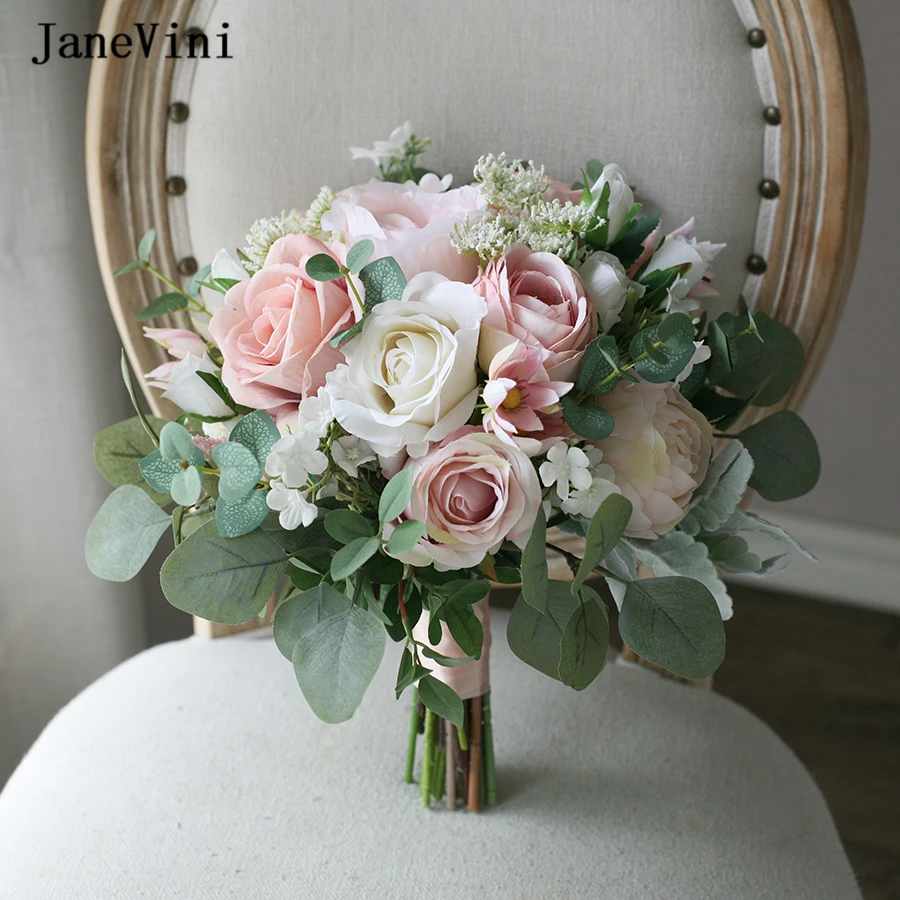 JaneVini Vintage Morandi Prašnjav-Ružičaste Cvjetove Vjenčani Buketi Ručni Rad Umjetni Eukaliptus Svilene Ruže Vjenčanje Pribor za Mladenke