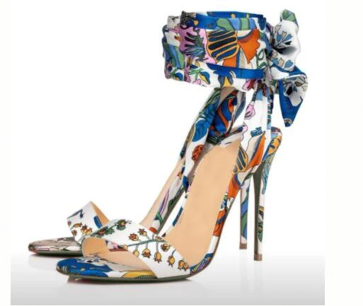 Moraima Snc/ Platno sandale s cvjetnim ispis; ženske ljetne cipele-gladijatori s otvorenim vrhom čipka-up; slastica od manekenske cipele na tankom petu