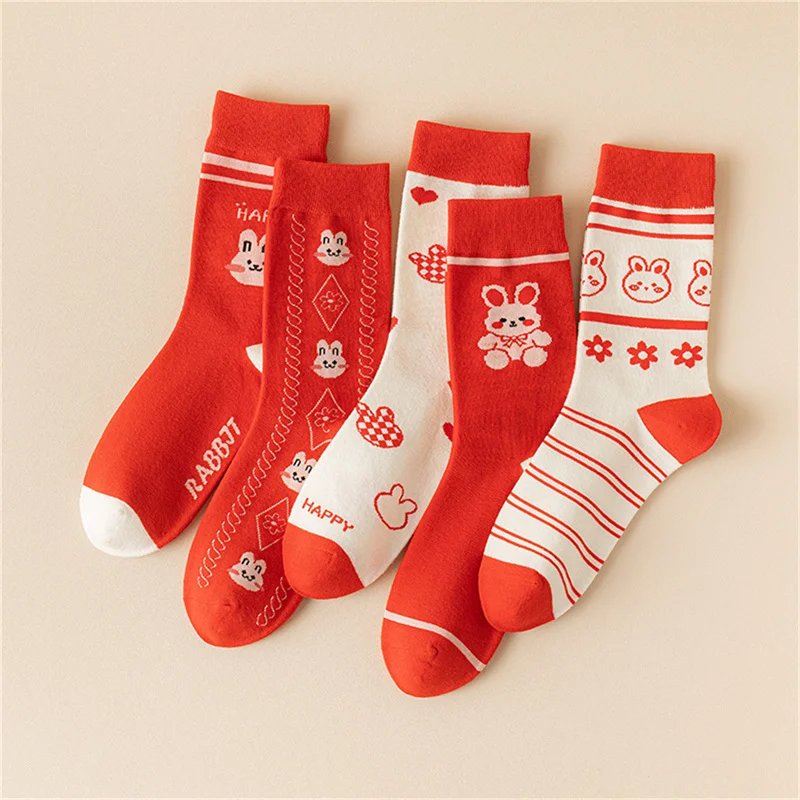 Slatka Čarape S Uzorkom Zeca Iz Crtića, Crvene Ženske Čarape Na Sreću, Božićne Čarape, Modne Čarape Srednje Dužine u Stilu Харадзюку