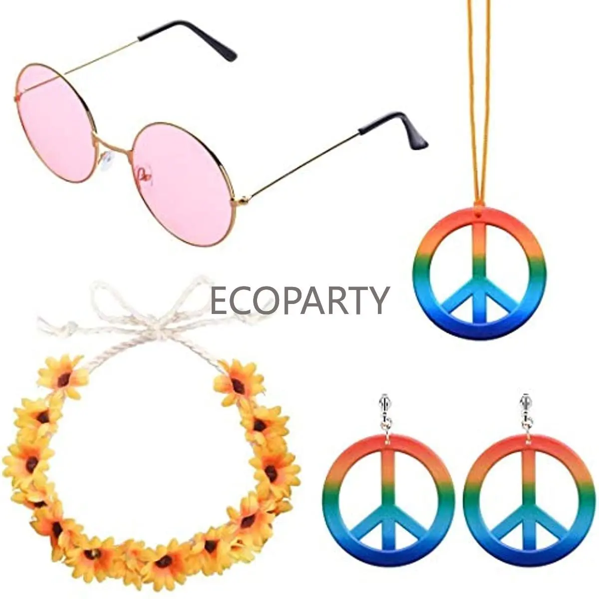 Komplet nošnje hipiji, ogrlica i naušnice s blistava znak mira, povez za glavu u obliku cvjetnog krune, 1 par sunčanih naočala u stilu hipi