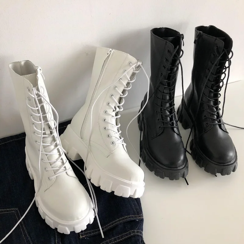 Novost 2021; ženske čizme do sredine kavijara; sezona jesen-zima; trendy cipele Botas Mujer zatvarač sa uvezivanje; sportski ženske cipele na platforme i potpetice