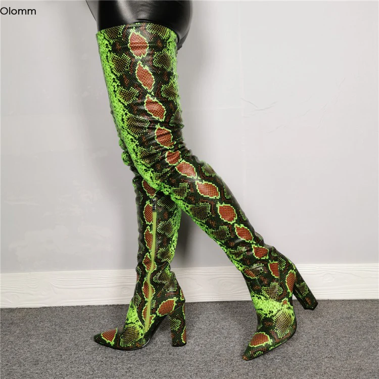 Olomm/Novi trendy ženske čizme do kukova; čizme na visoku kvadratni petu sa oštrim vrhom; Velika zeleno-smeđa ženska obuća za stranke; Veličine SAD 5-15