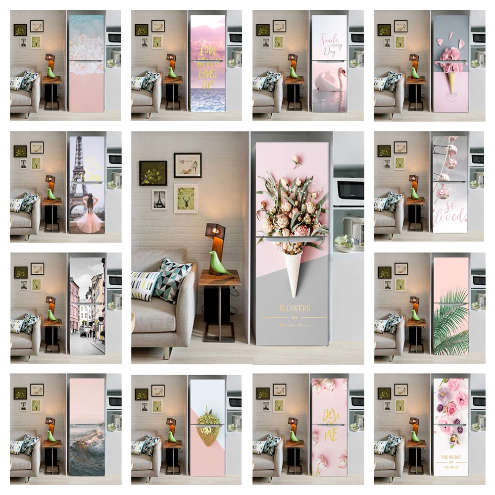 3D Naljepnice za Hladnjak Pink Flamingo Cvijet za Kuhinjske Hladnjaka, Punu Pokrivenost Vrata, Pozadina, zamrzivač, Vinil Film, Dekor, Freske