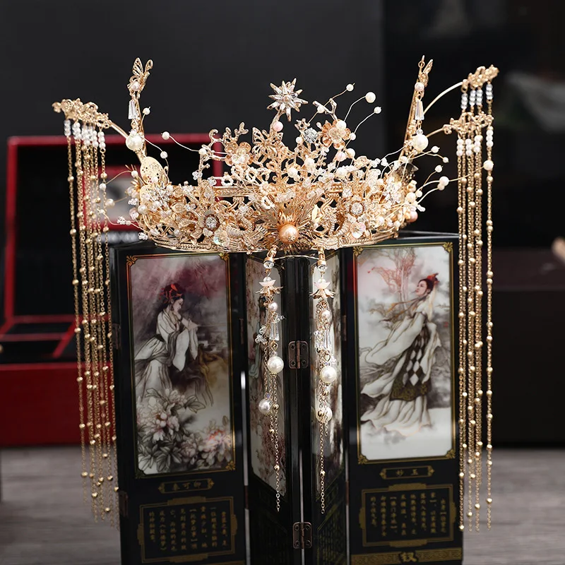 Vjenčanje Golden Phoenix Crown Kineski Vjenčanja Odijelo Četkica Čini Osobu Manje Zmaj i Feniks Elegantan Pribor Za Kosu