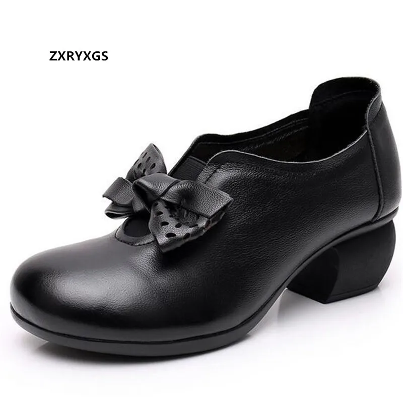 ZXRYXGS/Nova Ženska obuća; Novo 2021; Jesenski cipele s Okruglim vrhom i Duboka Izreza Na Debelim Petama; Elegantna Mondeno cipele od prave Kože s Lukom; boja crna, Smeđa