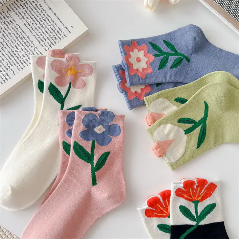 1 Par Ženskih Čarapa u Korejskom, japanskom stilu s Cartoonish Cvijet Karamela boje Harajuku Kawaii, Čarape srednje Dužine, Prozračna Svakodnevne Kratke Čarape